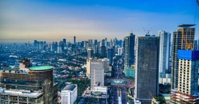 A breathtaking aerial view of Jakarta's urban skyline during the day, showcasing skyscrapers and city life.