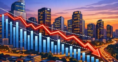 Gedung perkantoran Jakarta + grafik turun (ilustratif ekonomi)