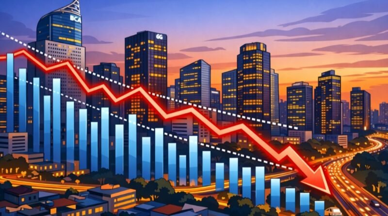 Gedung perkantoran Jakarta + grafik turun (ilustratif ekonomi)