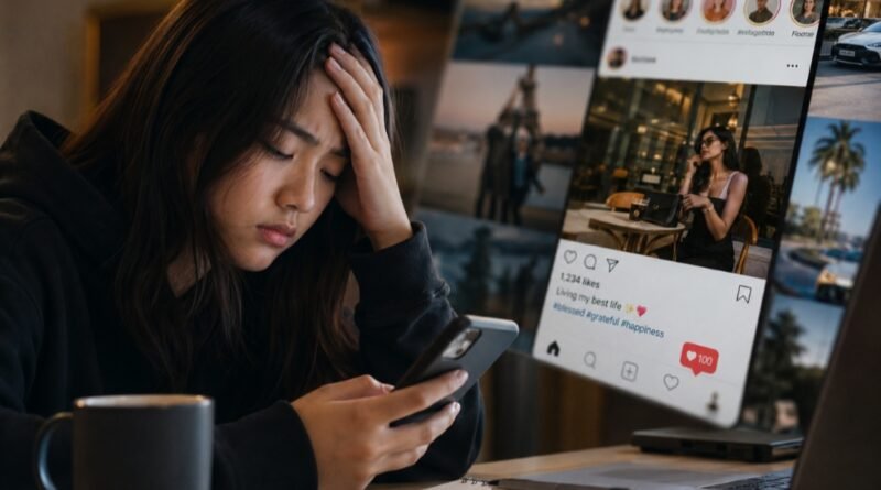 Ilustrasi foto anak muda stres dengan bermain medsos | foto by AI